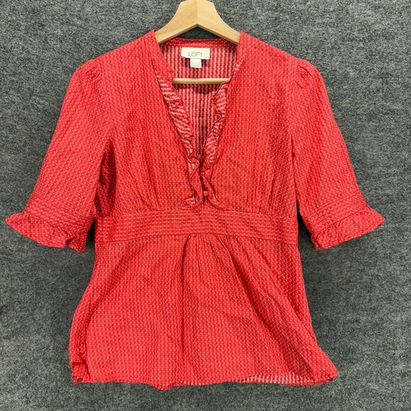 Loft Blouse Women 4 Red Polka Dot V-Neck 3/4 Sleeve Cotton Casual Pullover - Picture 1 of 7